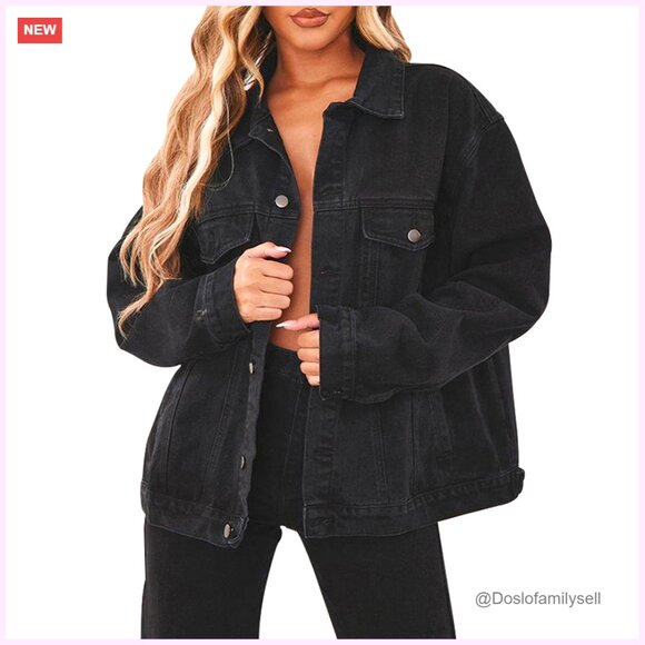 Oversized Distressed Denim Jacket Women's Long Sleeve Button Front